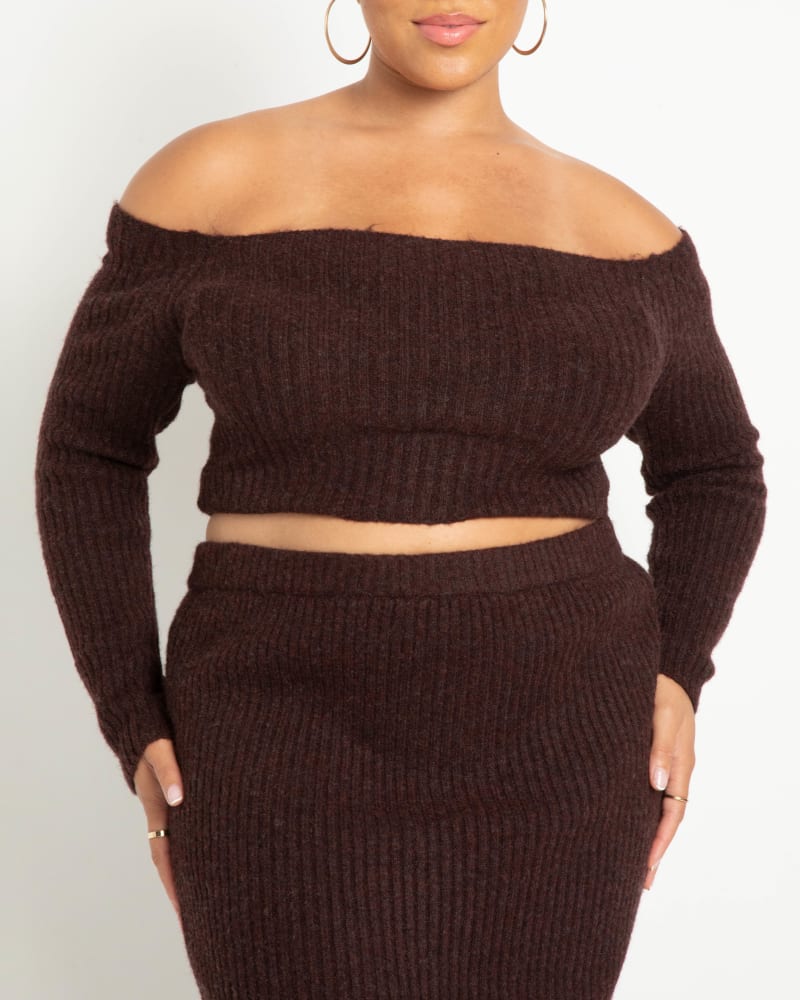 Front of a model wearing a size 14/16 Sadie Cropped Sweater in Rocky Road by ELOQUII. | dia_product_style_image_id:242099